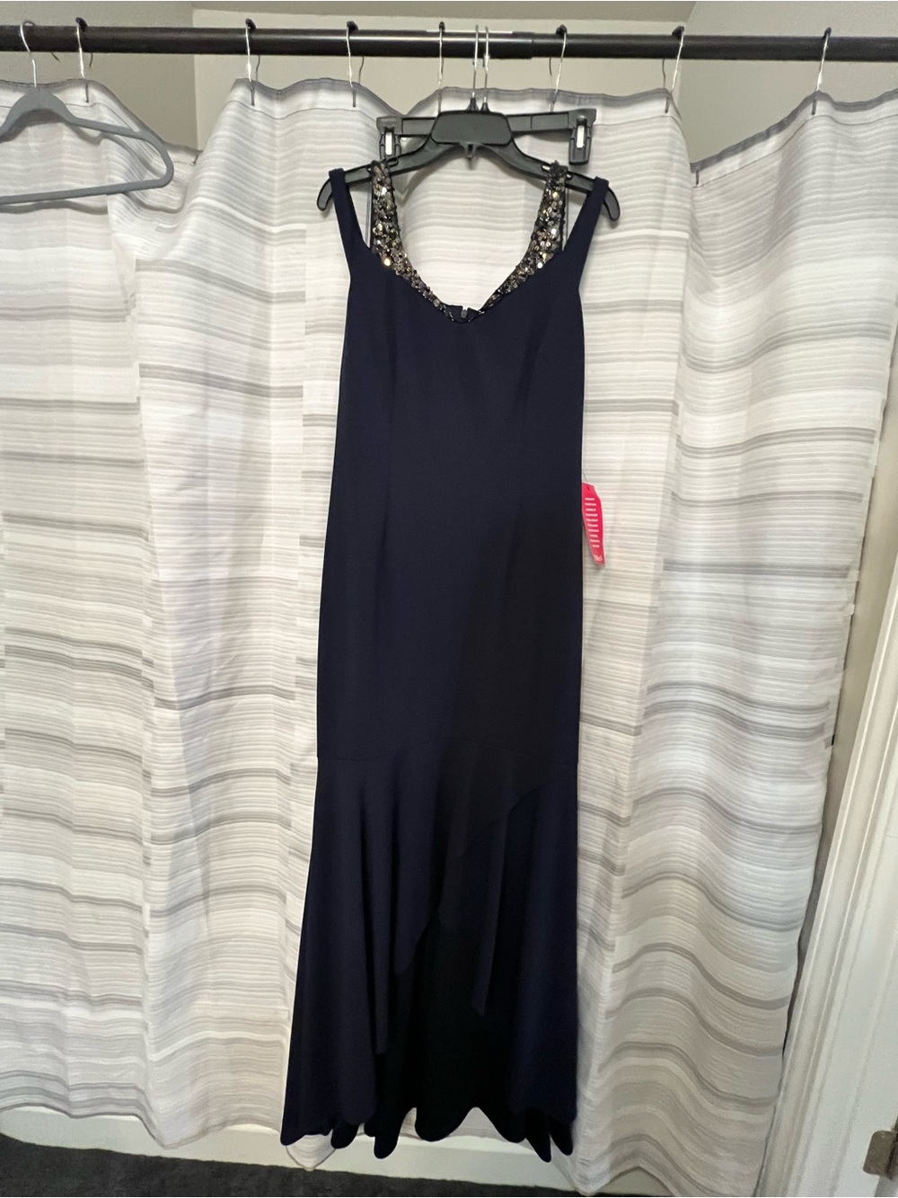 Adrianna Papell Navy Beaded Dual-Strap Hi-Low Evening Gown
